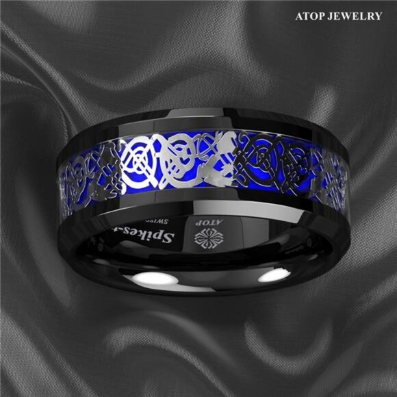 Men's Wedding Band Rings - Blue Black Silver Celtic Dragon Design Wedding Rings - Picture 8 of 8